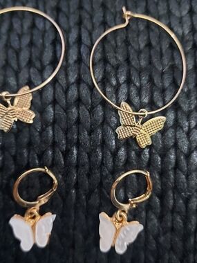Gold Butterfly Hoop and Dangle Earring Set - Women Jewelry